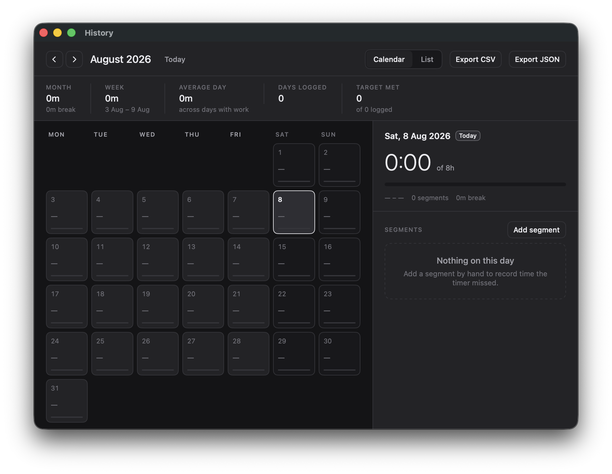 The Deylee History window: a month calendar for August 2026 beside the selected day's total, its segment list, and Export CSV and Export JSON buttons.
